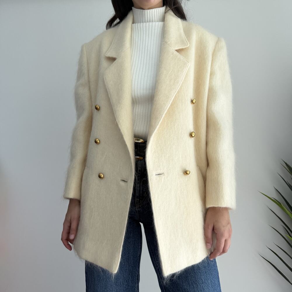Vintage Fuzzy Mohair Coat Womens M/L Cream Double Breasted Military USA Made 80s - Picture 3 of 10